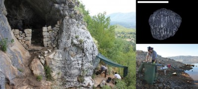 Figure 3. Entrance of the Vrbićka Cave in Montenegro (left); hazelnut shell remains recovered through flotation (top right) and flotation activity (bottom right); photographs by D. Boric and E. Cristiani. 